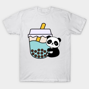 Adorable Panda Baby Bubble Tea Hug Kawaii Blue T-Shirt